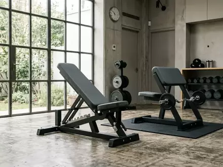 Hochwertige, verstellbare Hantelbank und Scott-Curl-Bank in einem modernen, minimalistischen Fitnessraum. - Foto: über boerse-global.de