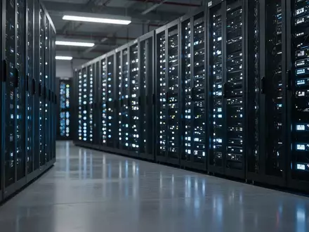 Reihen von leuchtenden Server-Racks in einem modernen Rechenzentrum, die Fortschritte bei der KI-Forschung symbolisieren. - Foto: über boerse-global.de