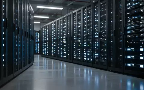 Reihen von leuchtenden Server-Racks in einem modernen Rechenzentrum, die Fortschritte bei der KI-Forschung symbolisieren. - Foto: über boerse-global.de