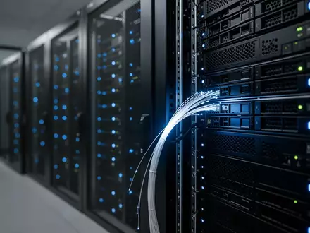 Ein moderner Serverraum mit blauen Statusleuchten an schwarzen Rack-Schränken, der die Sicherheitsinfrastruktur symbolisiert. - Foto: über boerse-global.de