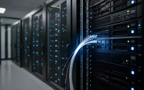 Ein moderner Serverraum mit blauen Statusleuchten an schwarzen Rack-Schränken, der die Sicherheitsinfrastruktur symbolisiert. - Foto: über boerse-global.de