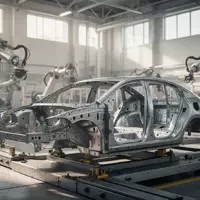 Ein unfertiges Fahrzeugchassis in einer modernen, hell beleuchteten Fabrikhalle einer Automobilproduktionsstätte. - Foto: über boerse-global.de