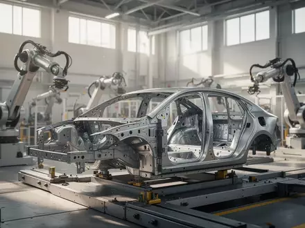 Ein unfertiges Fahrzeugchassis in einer modernen, hell beleuchteten Fabrikhalle einer Automobilproduktionsstätte. - Foto: über boerse-global.de