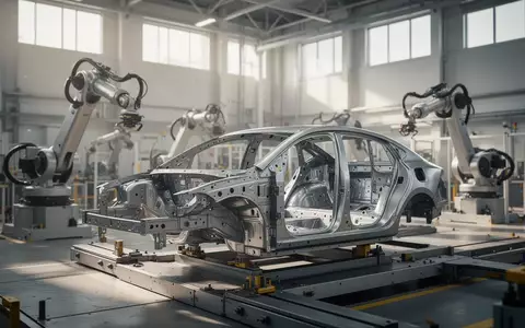 Ein unfertiges Fahrzeugchassis in einer modernen, hell beleuchteten Fabrikhalle einer Automobilproduktionsstätte. - Foto: über boerse-global.de