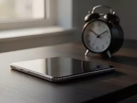 Ein modernes Smartphone auf einem dunklen Holztisch neben einem Wecker in natürlichem Morgenlicht. - Foto: über boerse-global.de