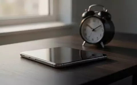 Ein modernes Smartphone auf einem dunklen Holztisch neben einem Wecker in natürlichem Morgenlicht. - Foto: über boerse-global.de