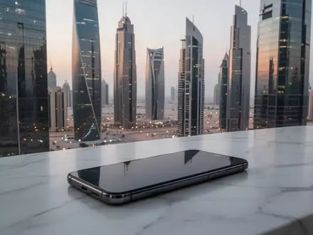 Ein modernes Smartphone liegt auf einer marmornen Oberfläche vor der Skyline eines Finanzviertels bei Dämmerung. - Foto: über boerse-global.de