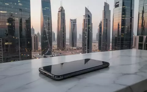 Ein modernes Smartphone liegt auf einer marmornen Oberfläche vor der Skyline eines Finanzviertels bei Dämmerung. - Foto: über boerse-global.de