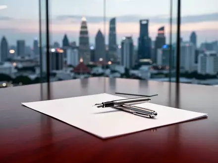Ein minimalistischer Konferenzraum mit Blick auf eine Skyline bei Dämmerung, auf einem Tisch liegt ein Füllfederhalter. - Foto: über boerse-global.de