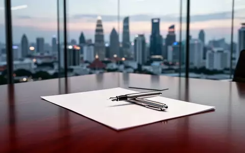 Ein minimalistischer Konferenzraum mit Blick auf eine Skyline bei Dämmerung, auf einem Tisch liegt ein Füllfederhalter. - Foto: über boerse-global.de