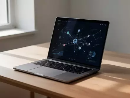 Ein minimalistischer Schreibtisch mit einem Laptop, auf dem eine abstrakte Datenvisualisierung mit vernetzten Knotenpunkten zu sehen ist. - Foto: über boerse-global.de