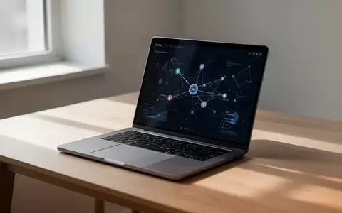 Ein minimalistischer Schreibtisch mit einem Laptop, auf dem eine abstrakte Datenvisualisierung mit vernetzten Knotenpunkten zu sehen ist. - Foto: über boerse-global.de