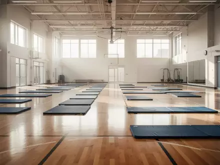Leere Sporthalle mit ausgelegten Gymnastikmatten in einer hellen, freundlichen Umgebung. - Foto: über boerse-global.de