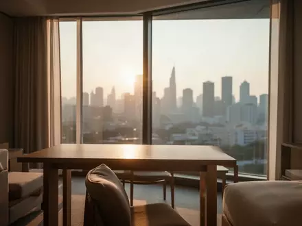 Ein minimalistisches Hotelzimmer im Morgenlicht mit Blick auf eine ferne Stadtkulisse, symbolisch für die Anpassung an neue Zeitzonen. - Foto: über boerse-global.de