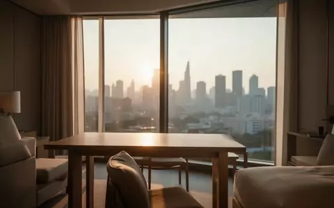Ein minimalistisches Hotelzimmer im Morgenlicht mit Blick auf eine ferne Stadtkulisse, symbolisch für die Anpassung an neue Zeitzonen. - Foto: über boerse-global.de