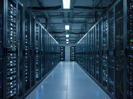 Reihen von leuchtenden Server-Racks in einem modernen Rechenzentrum als Symbol für Cloud-Infrastruktur und KI-Inferenz. - Foto: über boerse-global.de
