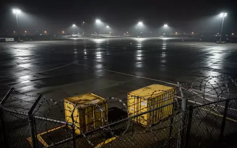 Ein dunkles Rollfeld am Flughafen Leipzig/Halle bei Nacht, beleuchtet durch ferne Flutlichter, im Vordergrund ein Frachtcontainer. - Foto: über boerse-global.de