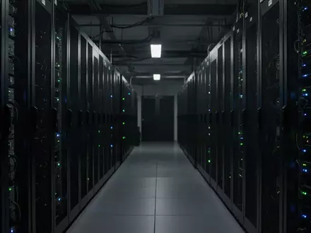 Dunkler Serverraum mit leuchtenden Status-LEDs an metallenen Serverschränken in einer industriellen Umgebung. - Foto: über boerse-global.de