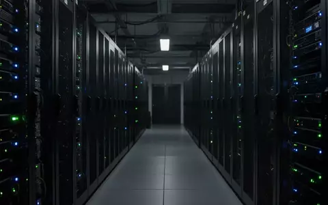 Dunkler Serverraum mit leuchtenden Status-LEDs an metallenen Serverschränken in einer industriellen Umgebung. - Foto: über boerse-global.de