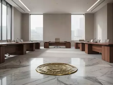 Ein minimalistisches, modernes Regierungsbüro mit leeren Schreibtischen und einem in den Marmorboden eingelassenen Siegel. - Foto: über boerse-global.de