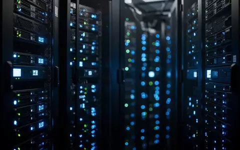 Dunkler Serverraum mit leuchtenden blauen Status-LEDs an Server-Racks. - Foto: ĂĽber boerse-global.de