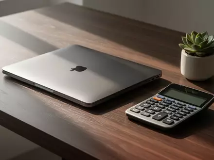 Ein minimalistischer Schreibtisch mit einem geschlossenen Laptop und einem Taschenrechner bei Sonnenlicht. - Foto: über boerse-global.de