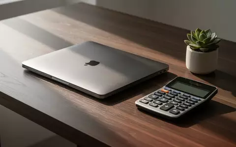 Ein minimalistischer Schreibtisch mit einem geschlossenen Laptop und einem Taschenrechner bei Sonnenlicht. - Foto: über boerse-global.de
