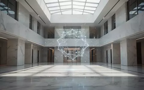 Ein abstraktes, leuchtendes Datenknoten-Objekt in einer modernen, minimalistischen Architektur als Symbol für digitale Währungen. - Foto: über boerse-global.de