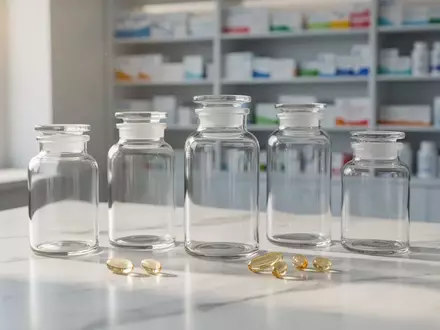 Leere Apothekergläser und Nahrungsergänzungskapseln auf einem hellen Marmortisch vor einem unscharfen Apothekenregal. - Foto: über boerse-global.de