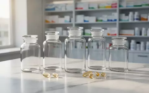 Leere Apothekergläser und Nahrungsergänzungskapseln auf einem hellen Marmortisch vor einem unscharfen Apothekenregal. - Foto: über boerse-global.de