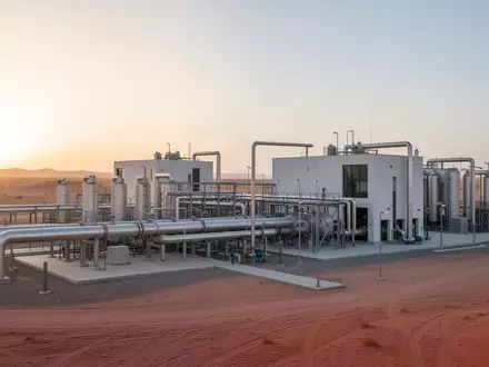 Moderne Wasseraufbereitungsanlage in einer Wüstenlandschaft bei Sonnenaufgang. - Foto: über boerse-global.de