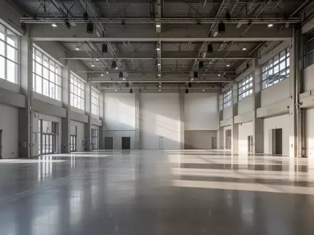 Leere, moderne Veranstaltungshalle mit poliertem Betonboden und großen Industriefenstern in einer architektonischen Aufnahme. - Foto: über boerse-global.de