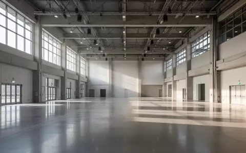 Leere, moderne Veranstaltungshalle mit poliertem Betonboden und großen Industriefenstern in einer architektonischen Aufnahme. - Foto: über boerse-global.de