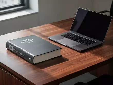 Ein geschlossenes Fachbuch und ein zugeklappter Laptop auf einem minimalistischen Schreibtisch in einem ruhigen Büro. - Foto: über boerse-global.de