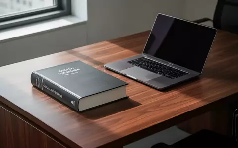 Ein geschlossenes Fachbuch und ein zugeklappter Laptop auf einem minimalistischen Schreibtisch in einem ruhigen Büro. - Foto: über boerse-global.de