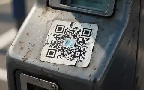 Ein beschädigter QR-Code-Aufkleber auf einem metallischen Parkautomaten bei natürlichem Tageslicht. - Foto: über boerse-global.de
