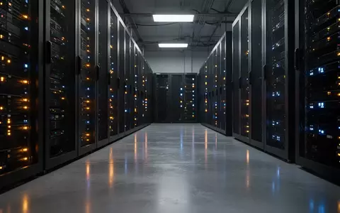 Dunkler Serverraum mit blinkenden Kontrollleuchten an modernen IT-Infrastrukturschränken. - Foto: über boerse-global.de