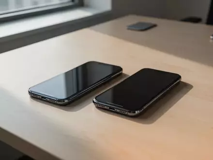 Zwei moderne Smartphones liegen nebeneinander auf einem hellen Holztisch in einer professionellen Büroumgebung. - Foto: über boerse-global.de