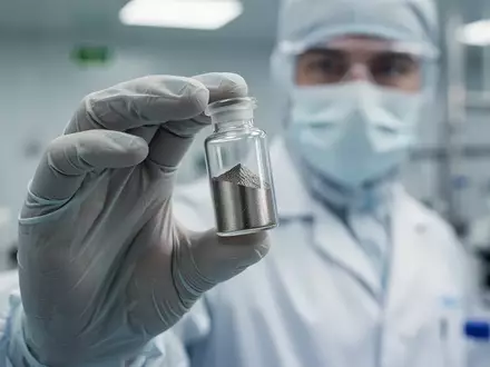 Laborwissenschaftler hält ein kleines Glasfläschchen mit Seltenerdoxiden in einem modernen Labor. - Foto: über boerse-global.de