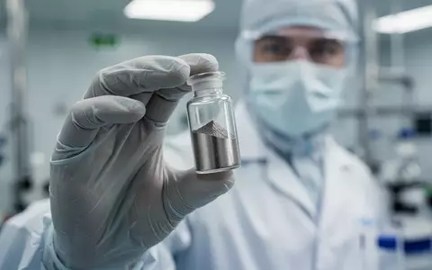 Laborwissenschaftler hält ein kleines Glasfläschchen mit Seltenerdoxiden in einem modernen Labor. - Foto: über boerse-global.de