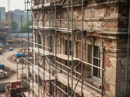 Historische Gebäudefassade mit Baugerüst vor einer urbanen Baustelle. - Foto: über boerse-global.de