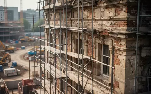 Historische Gebäudefassade mit Baugerüst vor einer urbanen Baustelle. - Foto: über boerse-global.de