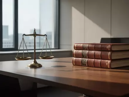 Eine Waage der Gerechtigkeit und juristische Unterlagen auf einem aufgeräumten Schreibtisch in einem modernen Büro. - Foto: über boerse-global.de