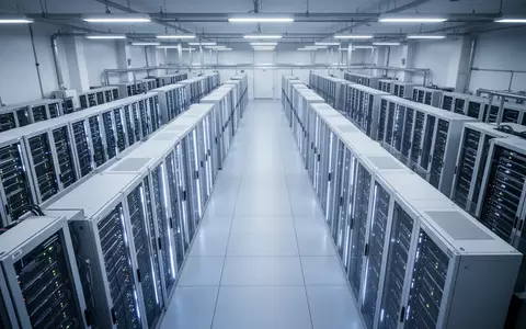 Reihen von leuchtenden Server-Racks in einem modernen Rechenzentrum. - Foto: über boerse-global.de