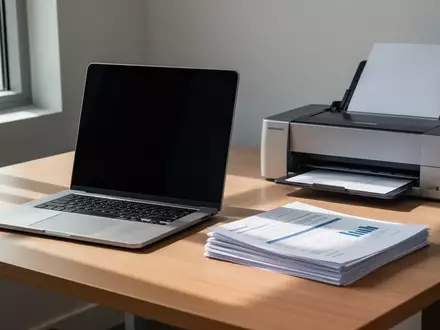 Ein moderner Schreibtisch mit einem Laptop, Dokumentenstapeln und einem Dokumentenscanner in einem hellen Büro. - Foto: über boerse-global.de