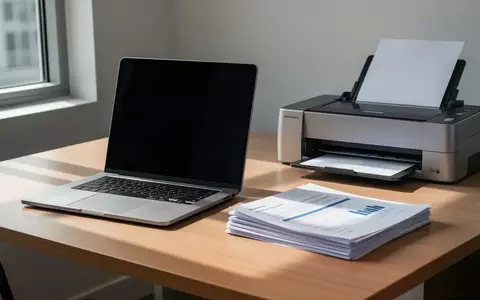 Ein moderner Schreibtisch mit einem Laptop, Dokumentenstapeln und einem Dokumentenscanner in einem hellen Büro. - Foto: über boerse-global.de