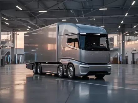 Ein moderner, elektrischer Sattelzug steht in einer weitläufigen, technisierten Logistikhalle bei Dämmerlicht. - Foto: über boerse-global.de