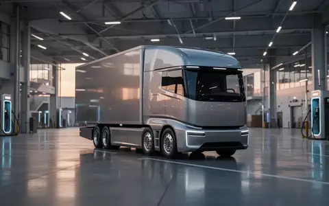 Ein moderner, elektrischer Sattelzug steht in einer weitläufigen, technisierten Logistikhalle bei Dämmerlicht. - Foto: über boerse-global.de