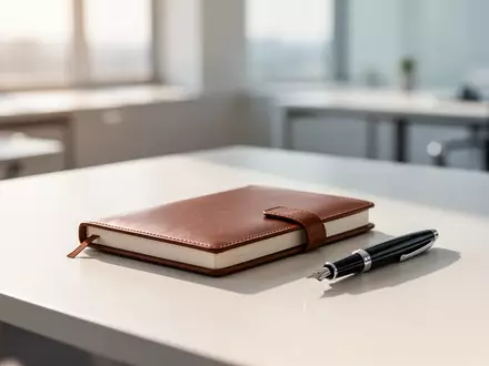Ein minimalistischer, leerer Schreibtisch mit einem Notizbuch und einem Füllfederhalter in einem hellen, professionellen Büro. - Foto: über boerse-global.de