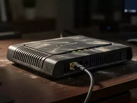 Ein moderner WLAN-Router steht auf einem dunklen Schreibtisch, angeschlossen an ein einzelnes Netzwerkkabel. - Foto: über boerse-global.de